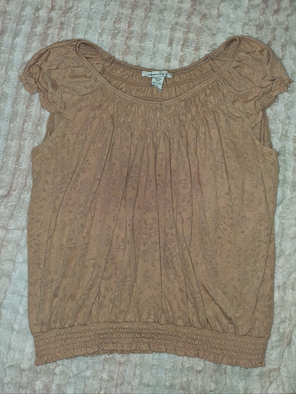 American Rag Tan Floral Smocked Peasant Top